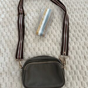 Stylish Tan Crossbody Bag with Striped Strap